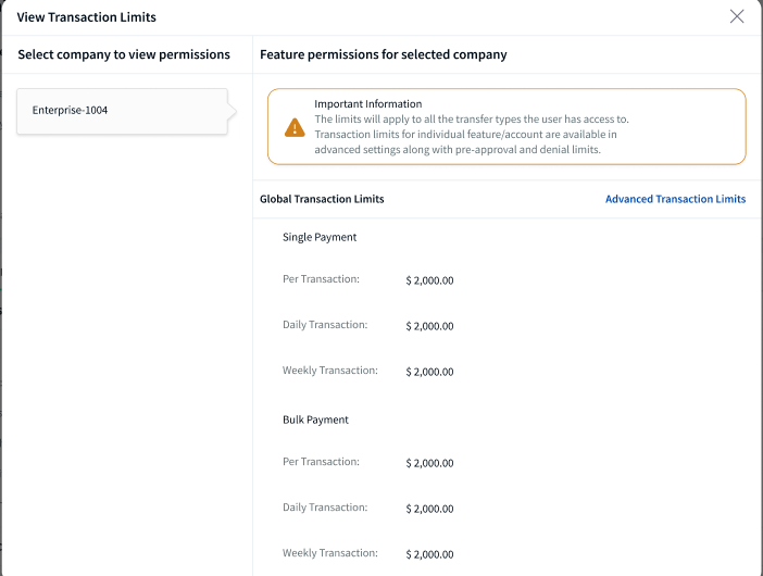 View transaction Limits